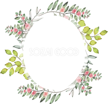 楕円の水彩画風お花と葉 おしゃれなボタニカル風(植物)のフレーム枠イラスト無料 フリー86472
