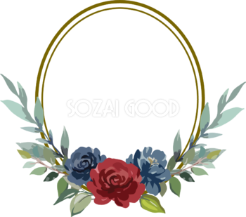 楕円形水彩画風お花とリーフモチーフ おしゃれなボタニカル風(植物)のフレーム枠イラスト無料 フリー86480