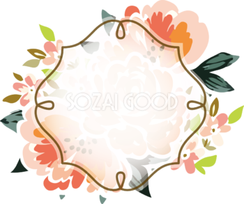 エレガントなオレンジ系花 おしゃれなボタニカル風(植物)のフレーム枠イラスト無料 フリー86485