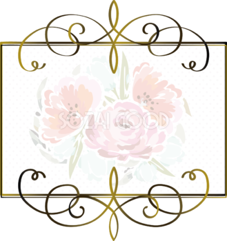 ゴールドのエレガントな手書き風の花 おしゃれなボタニカル風(植物)のフレーム枠イラスト無料 フリー86493