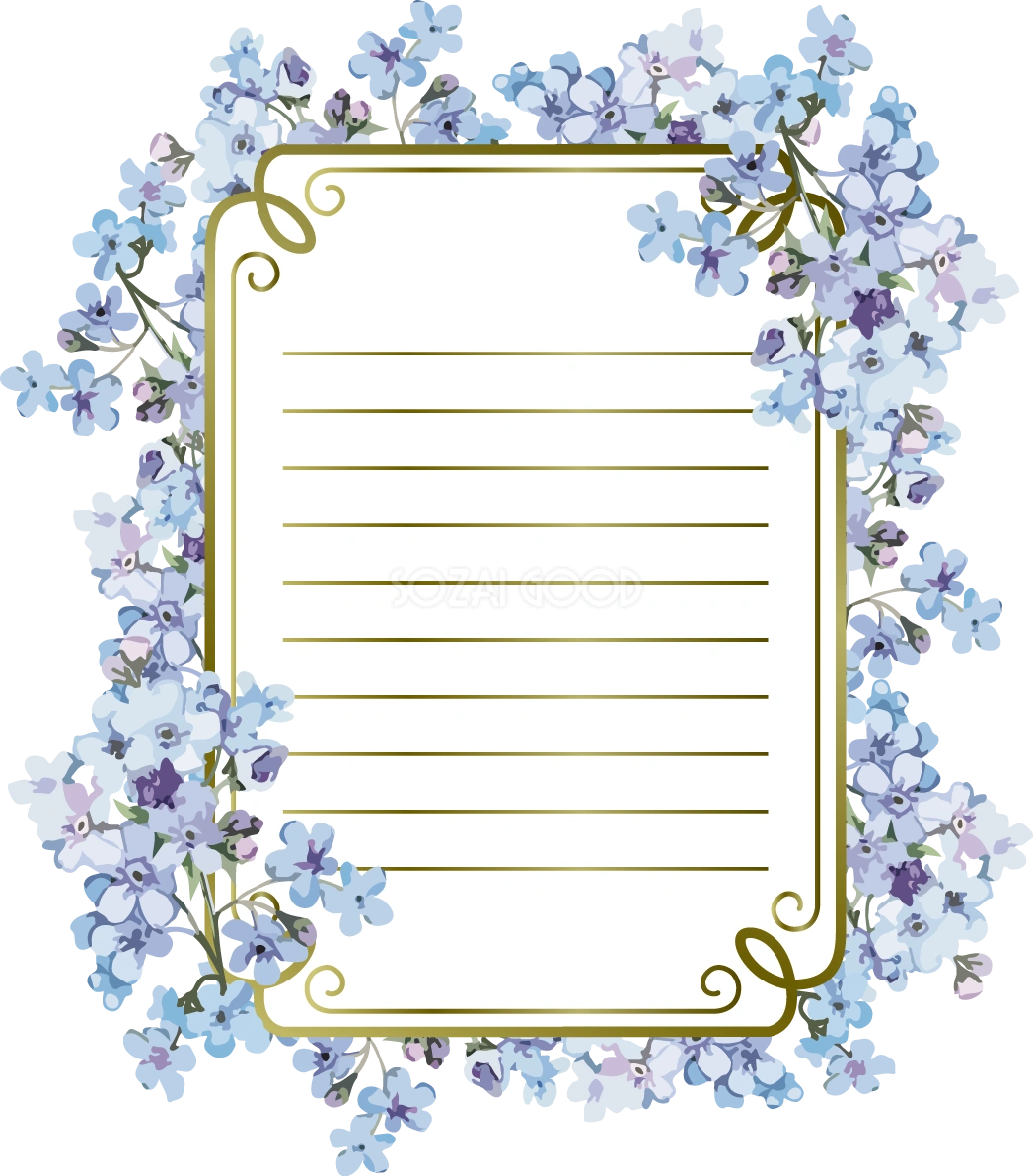 ブルー小花の手紙 縦長長方形 おしゃれなボタニカル風(植物)のフレーム枠イラスト無料 フリー86500