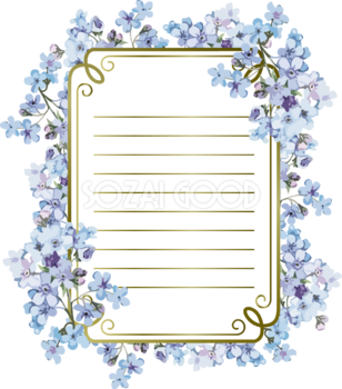ブルー小花の手紙 縦長長方形 おしゃれなボタニカル風(植物)のフレーム枠イラスト無料 フリー86500