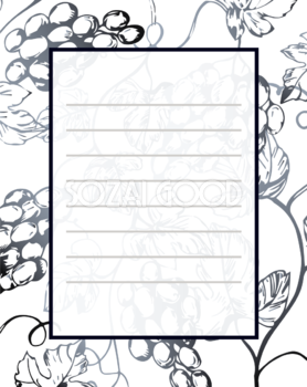 モノクロのブドウ背景の手紙 縦長長方形 おしゃれなボタニカル風(植物)のフレーム枠イラスト無料 フリー86507