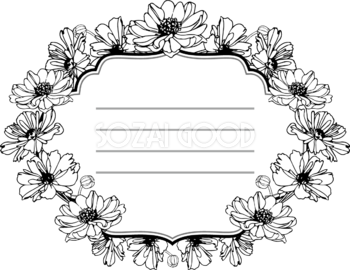 モノトーンのエレガントな線画花 おしゃれなボタニカル風(植物)のフレーム枠イラスト無料 フリー86508