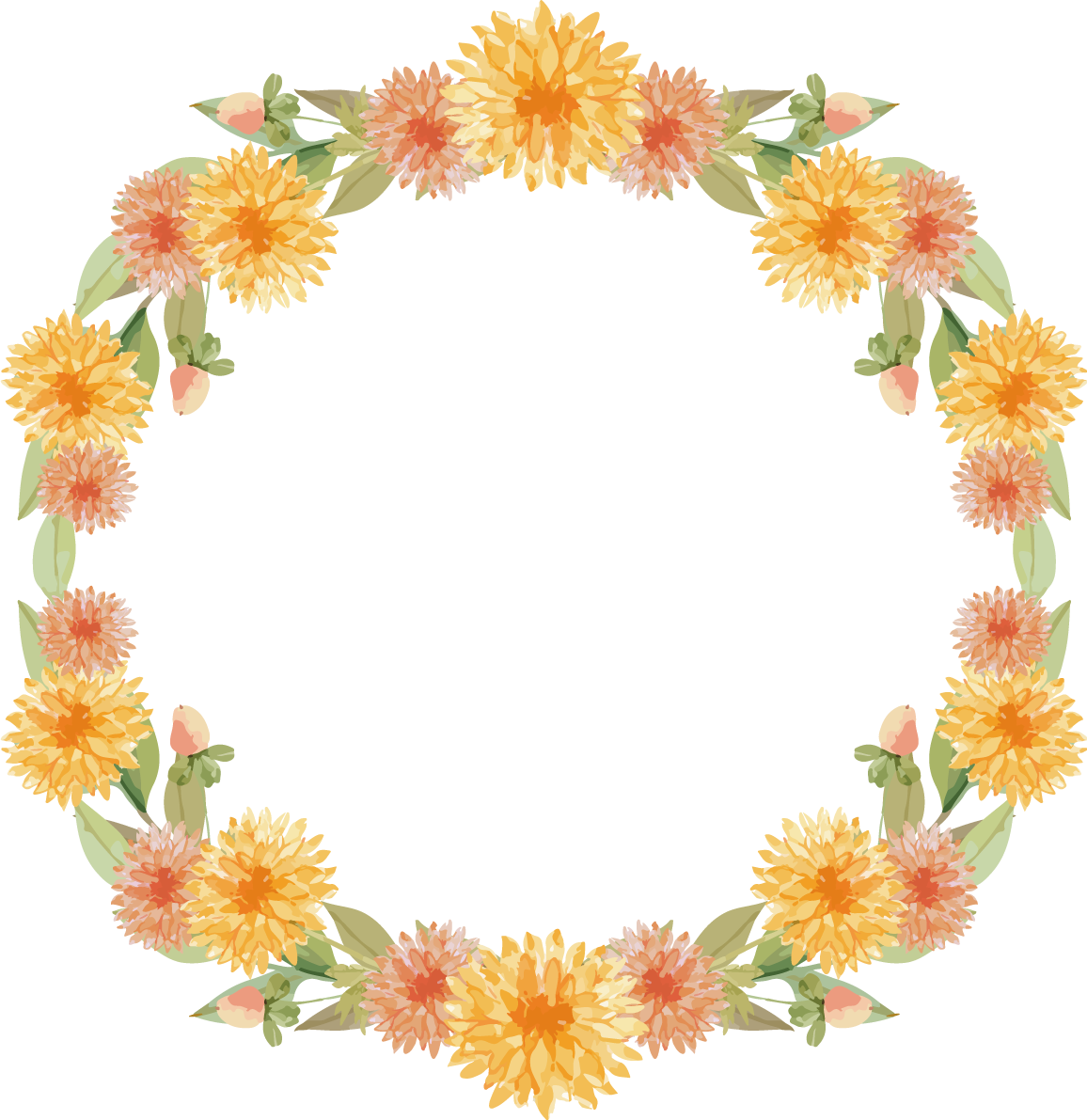 水彩オレンジ系の花の円形リース おしゃれなボタニカル風(植物)のフレーム枠イラスト無料 フリー86516に写真・文字を入れる