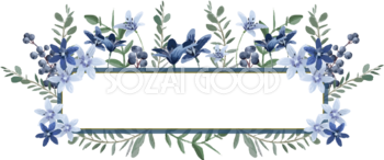 水彩風ブルーベリーと青系のお花 横長 おしゃれなボタニカル風(植物)のフレーム枠イラスト無料 フリー86519