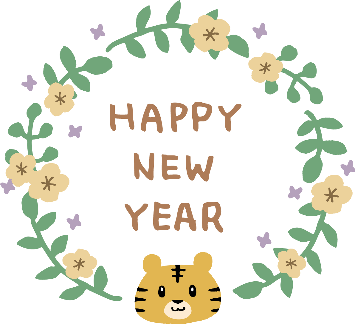 トラ(虎) と葉と花のリースで囲んだHAPPY NEW YEARの文字 かわいい2022 寅年イラスト無料 フリー86546に写真・文字を入れる