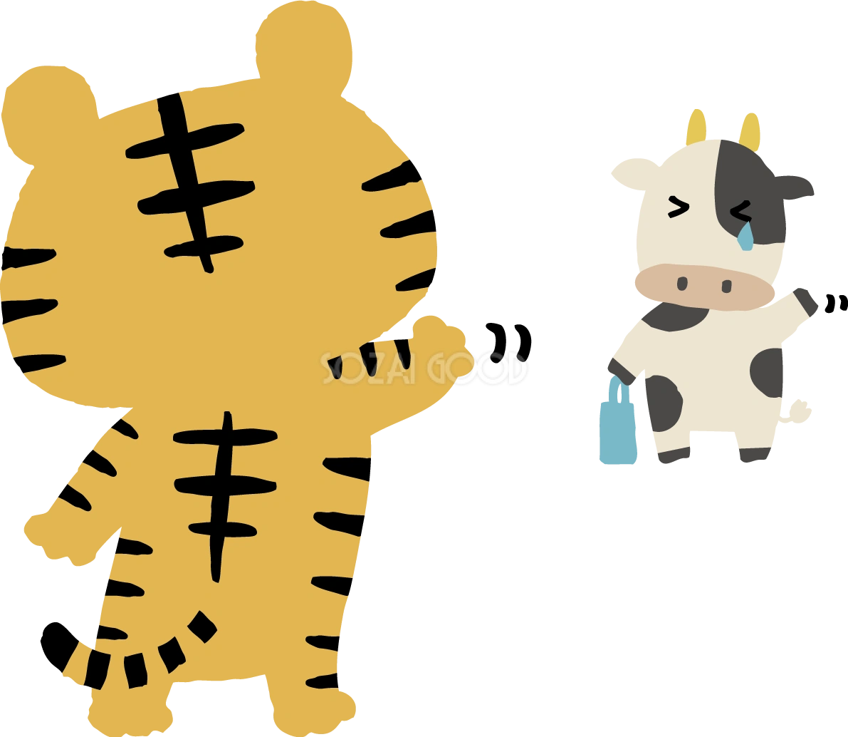 去っていく牛に手を振るトラ(虎)  かわいい2022 寅年イラスト無料 フリー86554