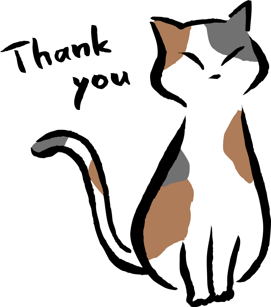 筆描き風の座ったポーズの三毛猫 かわいいネコ Thank youイラスト無料 フリー86563に写真・文字を入れる