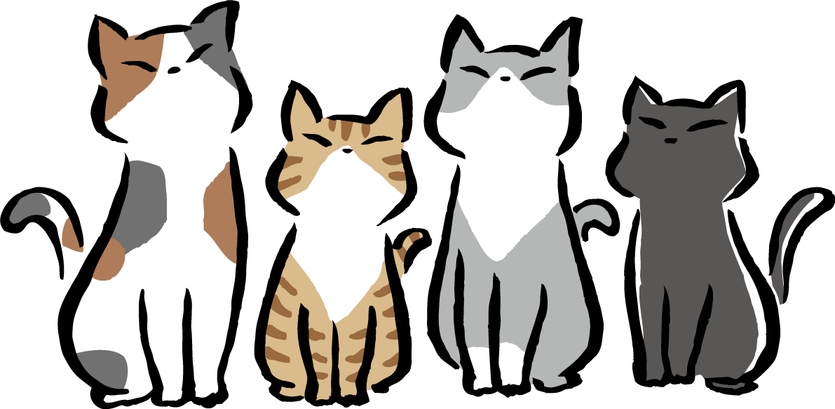 上を見上げるポーズ の4匹の猫 かわいい筆描き風ネコのイラスト無料 フリー86617に写真・文字を入れる