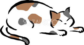 寝そべるポーズの三毛猫 かわいい筆描き風ネコのイラスト無料 フリー86618