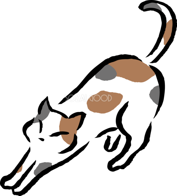 体を伸ばすポーズの三毛猫 かわいい筆描き風ネコのイラスト無料 フリー866 素材good
