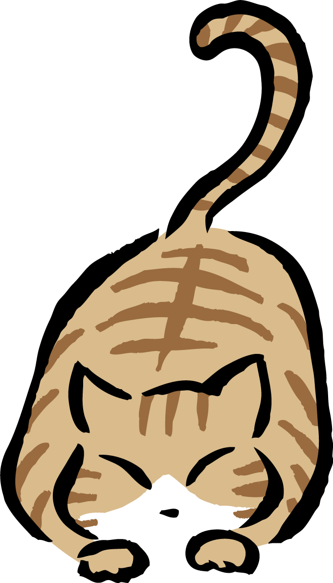 伏せてこちらを見るポーズのトラ猫 かわいい筆描き風ネコのイラスト無料 フリー86621に写真・文字を入れる