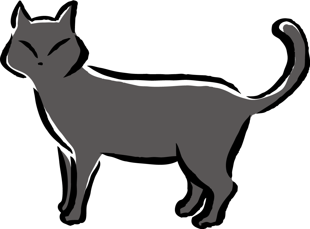 立ち止まってこちらを見るポーズの黒猫 かわいい筆描き風ネコのイラスト無料 フリー86623に写真・文字を入れる
