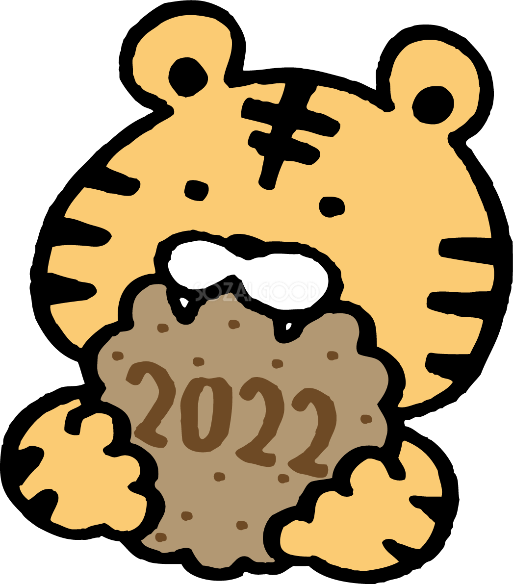 2022と書かれたビスケットを食べるトラ(虎) かわいい寅年イラスト無料 フリー86657