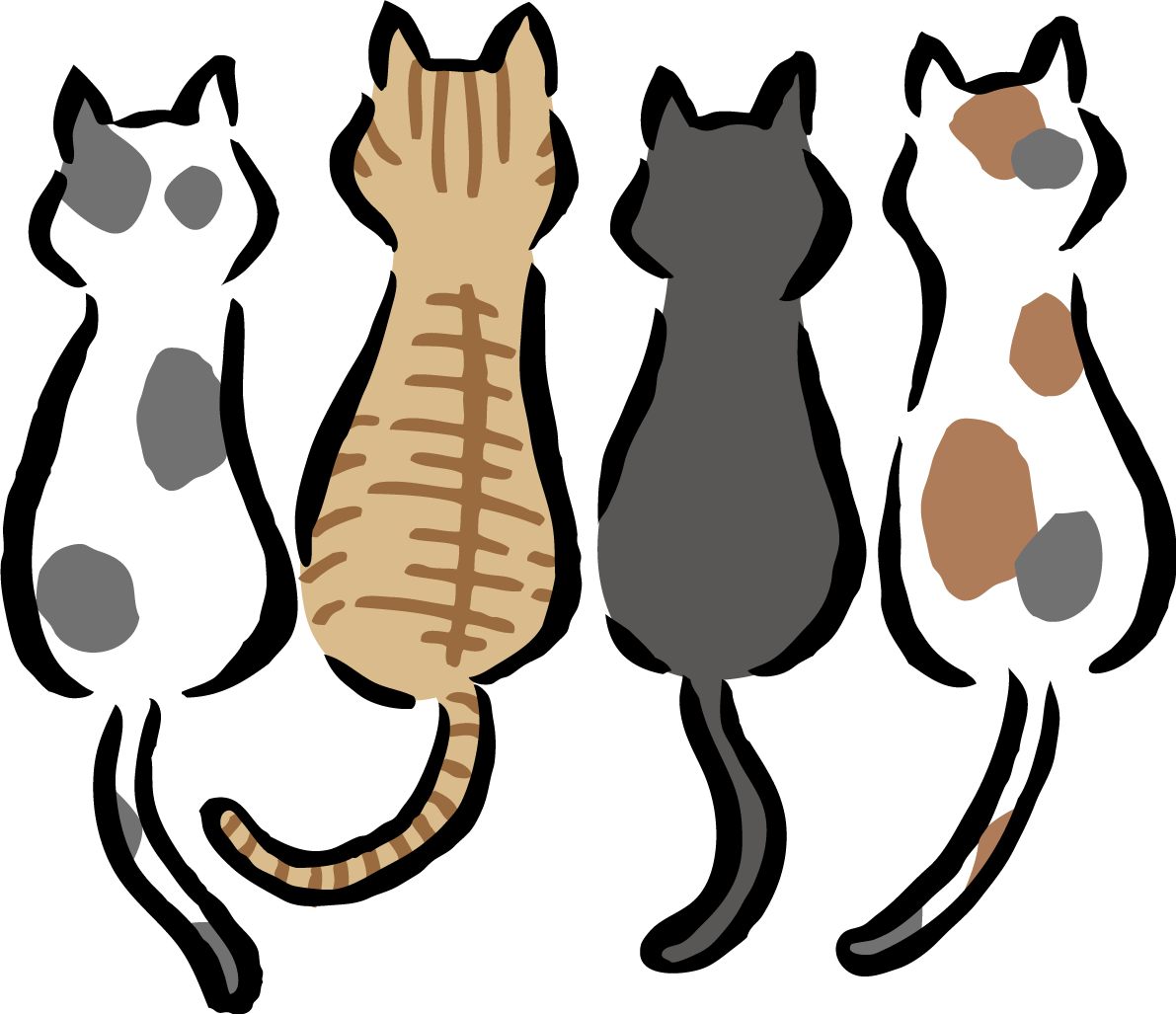 後ろ向きのポーズの4匹の猫 かわいいネコ イラスト無料 フリー86685に写真・文字を入れる