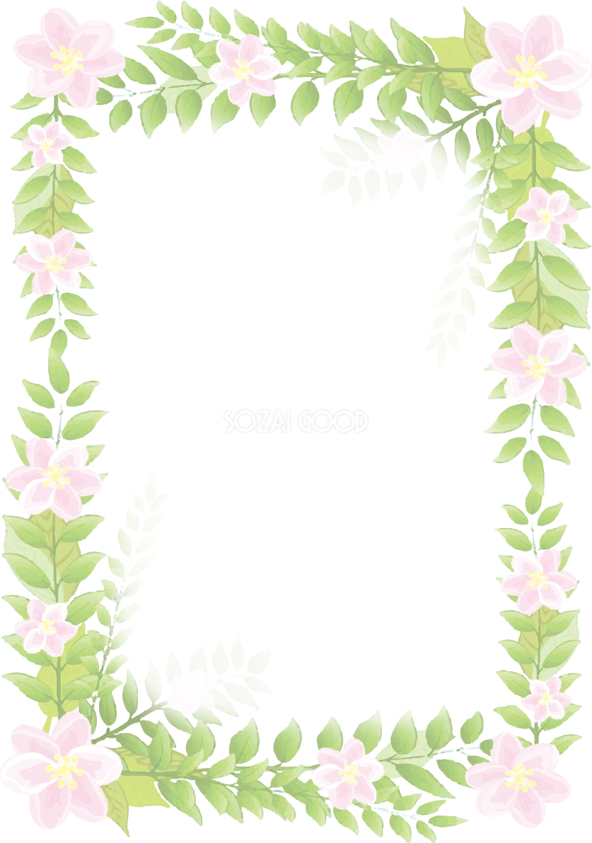 淡い元気な葉とピンクの花 縦長長方形 かわいいボタニカル風(植物)のフレーム枠イラスト無料 フリー86709