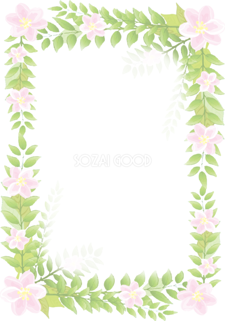 淡い元気な葉とピンクの花 縦長長方形 かわいいボタニカル風 植物 のフレーム枠イラスト無料 フリー 素材good
