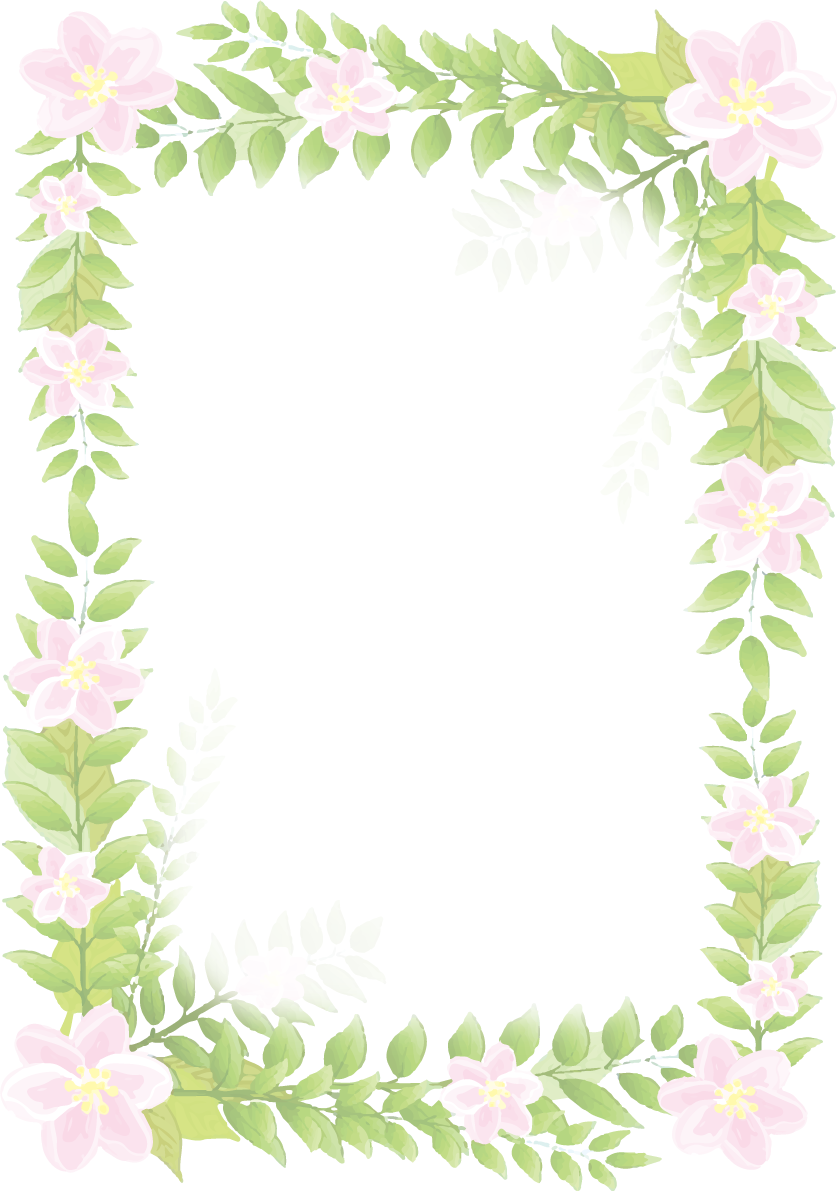 淡い元気な葉とピンクの花 縦長長方形 かわいいボタニカル風(植物)のフレーム枠イラスト無料 フリー86709に写真・文字を入れる