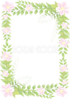 淡い元気な葉とピンクの花 縦長長方形 かわいいボタニカル風(植物)のフレーム枠イラスト無料 フリー86709