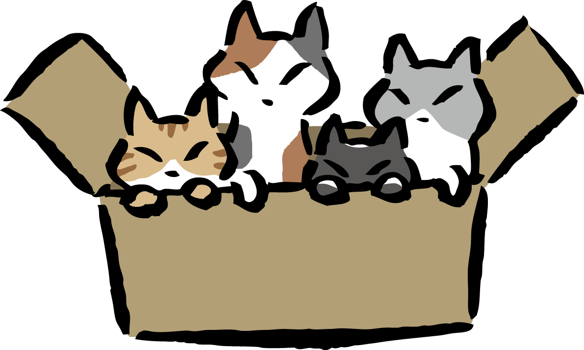 段ボールの中から顔を出すポーズの4匹の猫 かわいいネコ イラスト無料 フリー86748に写真・文字を入れる