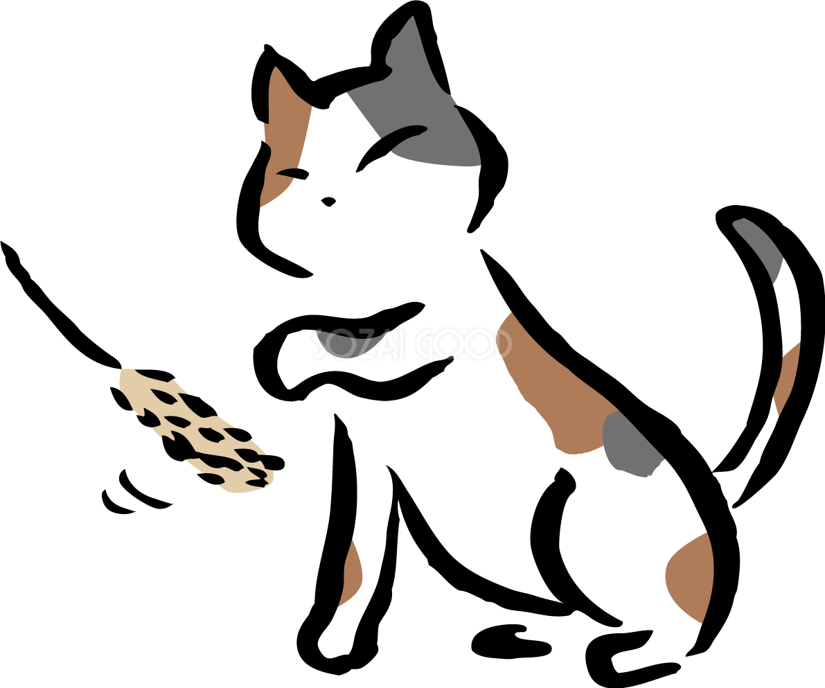 猫じゃらしで遊ぶポーズの三毛猫 かわいいネコ イラスト無料 フリー86749