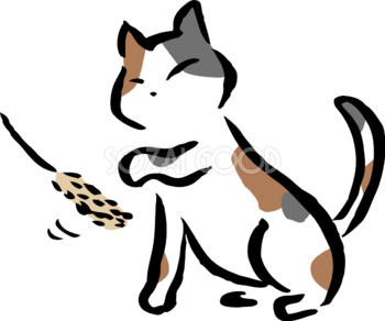 猫じゃらしで遊ぶポーズの三毛猫 かわいいネコ イラスト無料 フリー86749