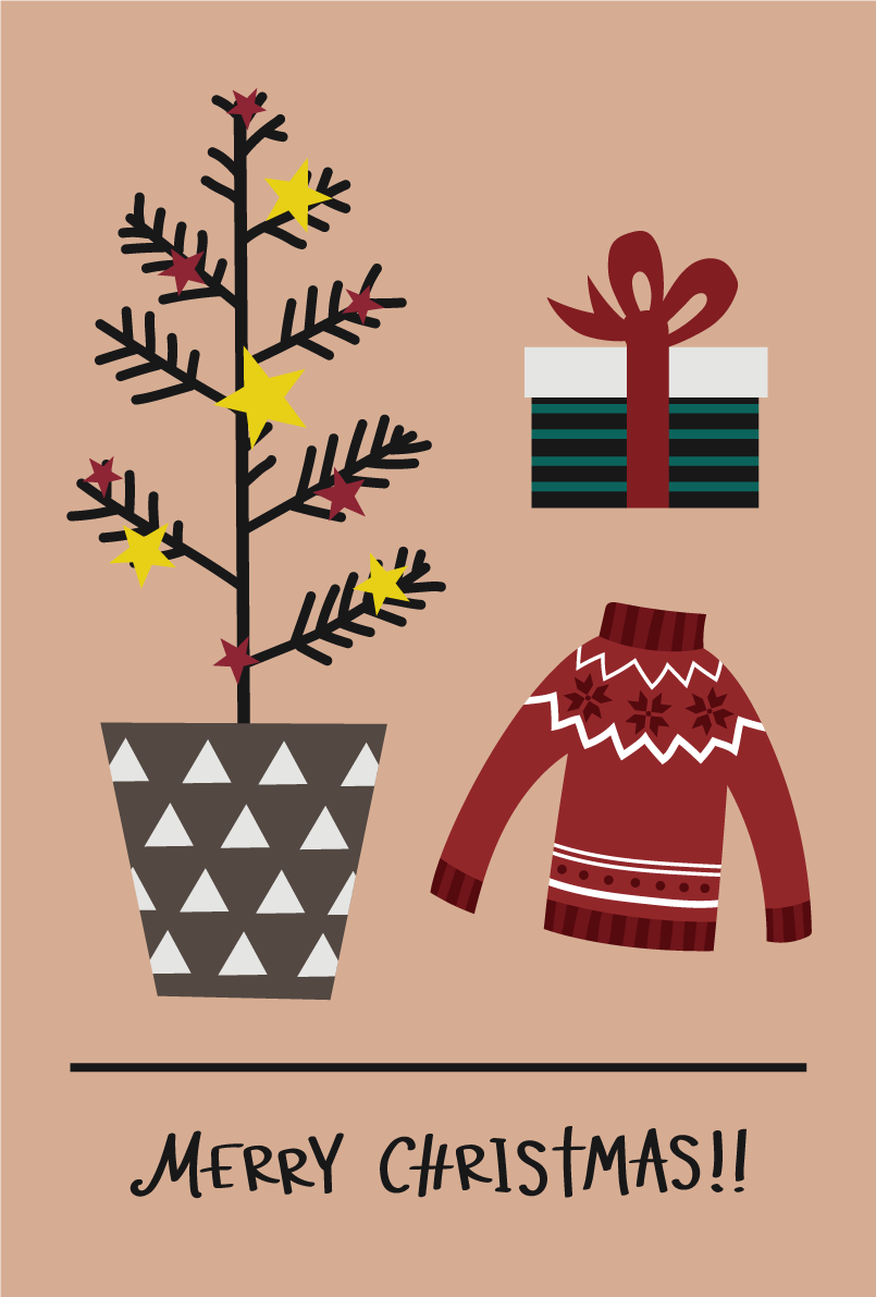 ツリーとセーターとプレゼント おしゃれなクリスマスイラスト無料 フリー86785に写真・文字を入れる
