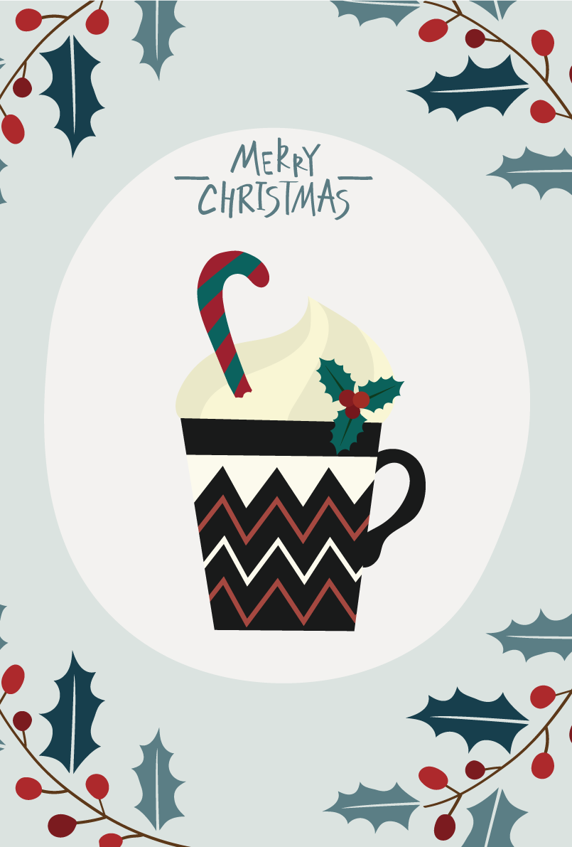 ヒイラギと飲み物 おしゃれなクリスマスイラスト無料 フリー86793に写真・文字を入れる