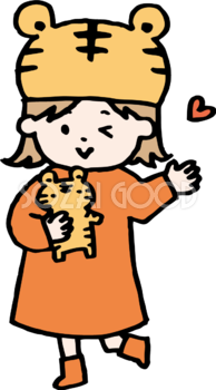 虎の帽子をかぶって虎のぬいぐるみを持つ女の子 かわいい2022 寅年イラスト無料 フリー86819