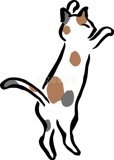 上にジャンプする後ろ姿のポーズの三毛猫 かわいいネコ イラスト無料 フリー869 素材good