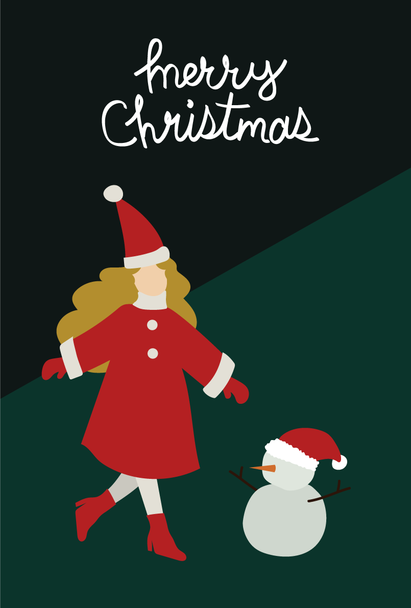 サンタクロースの格好の女の子と雪だるま おしゃれなクリスマスイラスト無料 フリー86842に写真・文字を入れる