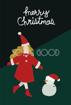 サンタクロースの格好の女の子と雪だるま おしゃれなクリスマスイラスト無料 フリー86842