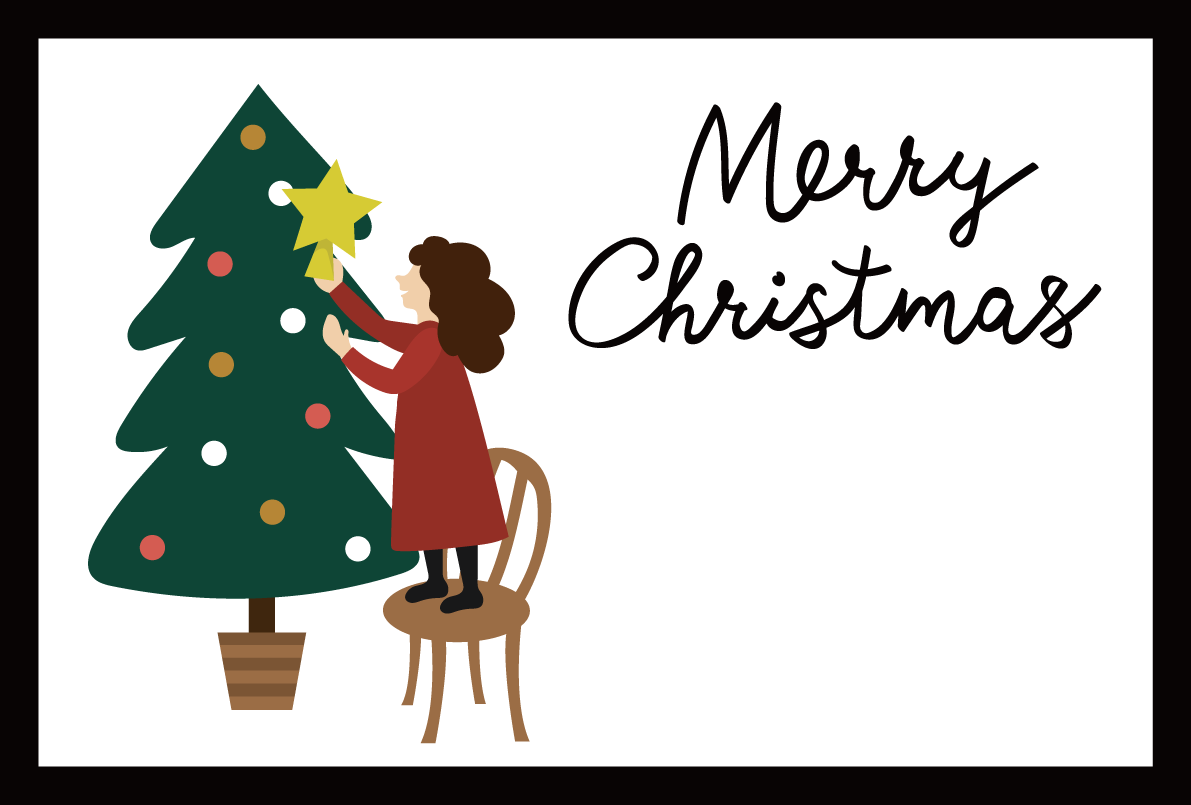 ツリーを飾る女の子 おしゃれなフレーム枠クリスマスイラスト無料 フリー86851に写真・文字を入れる