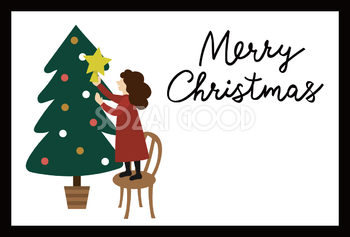ツリーを飾る女の子 おしゃれなフレーム枠クリスマスイラスト無料 フリー86851