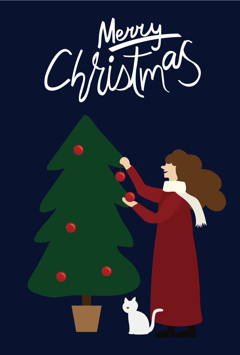 ツリーを飾る女性と猫 おしゃれなクリスマスイラスト無料 フリー86852に写真・文字を入れる