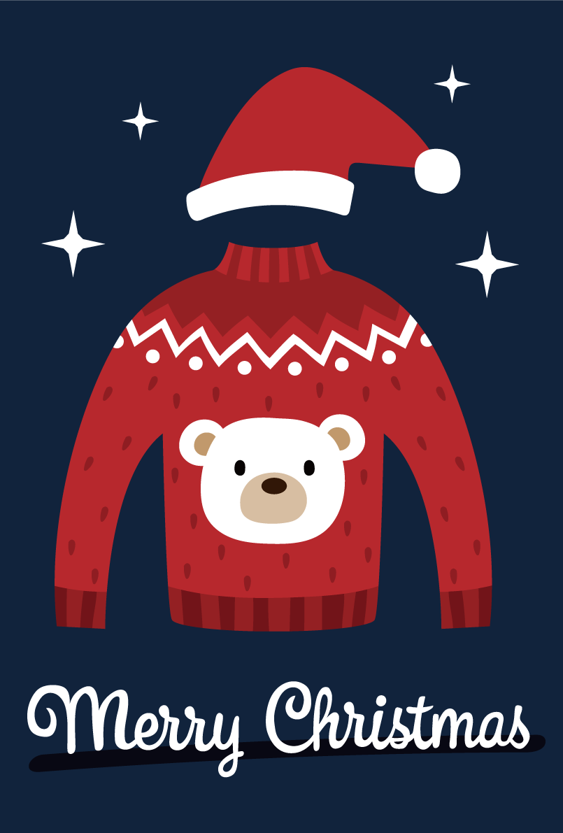 クマのセーターとサンタクロースの帽子 かわいいクリスマスイラスト無料 フリー86889に写真・文字を入れる