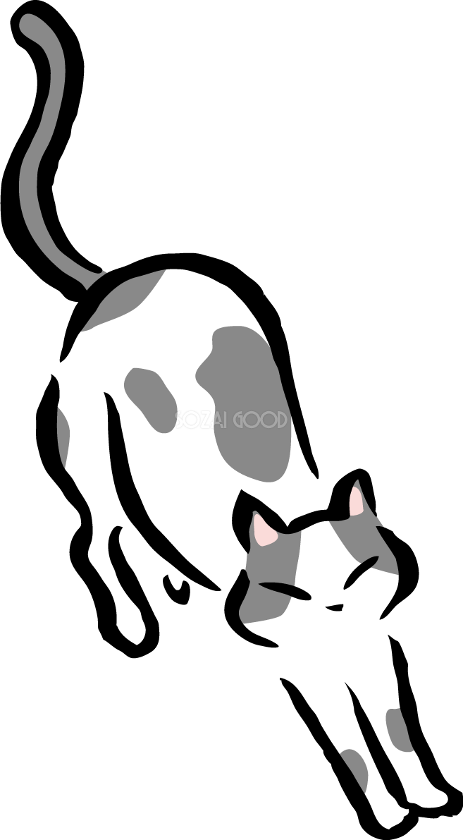 体を伸ばすポーズのグレーのブチ猫 かわいい猫(ネコ) イラスト無料 フリー86937