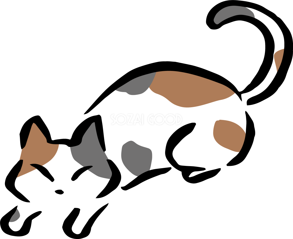 前足を伸ばして寝そべる三毛猫 かわいいネコのイラスト無料 フリー86996