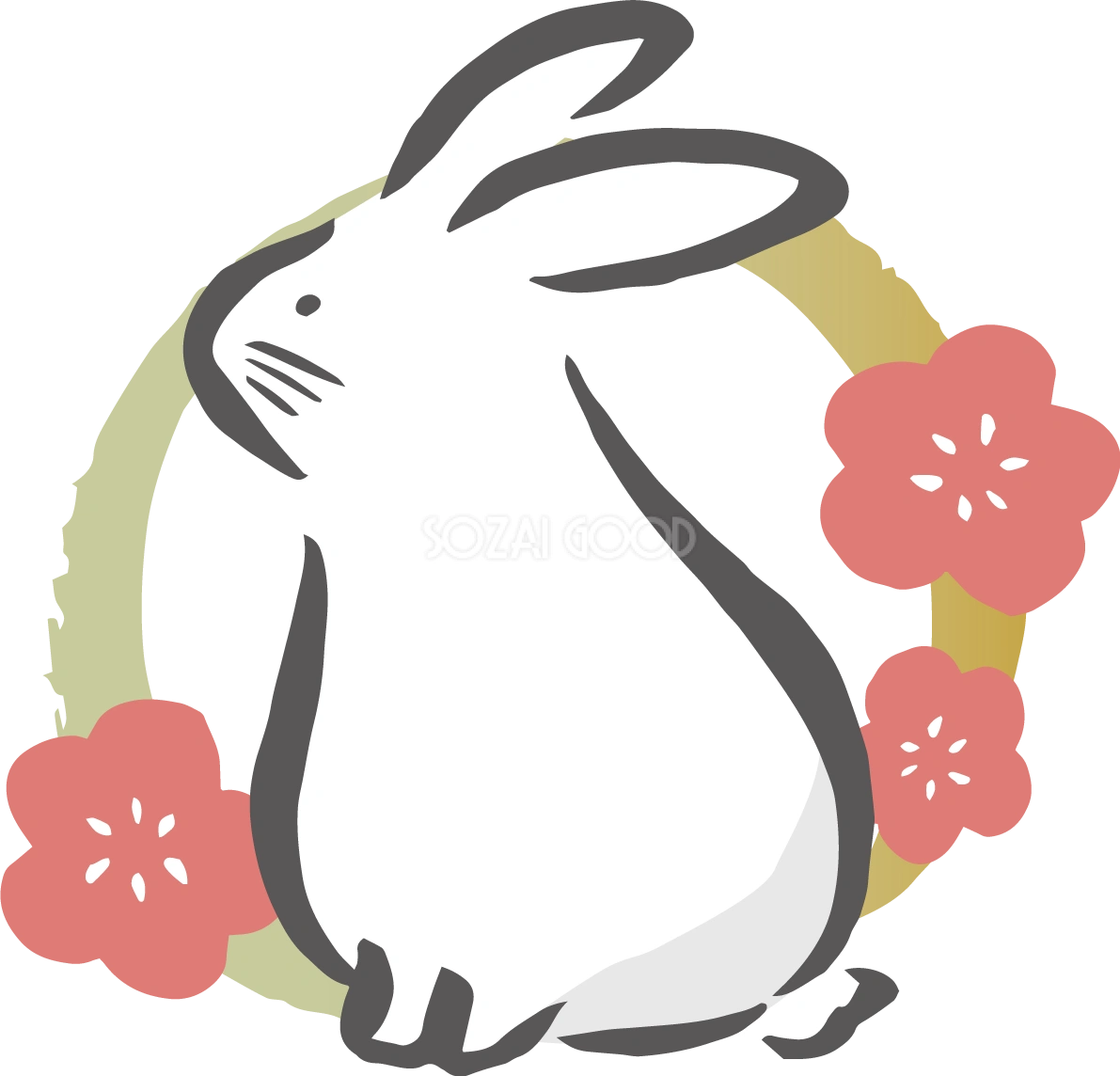 円と梅の模様と横向きの和風かわいい うさぎ 筆描き風ビジネス2023 卯年イラスト無料 フリー87057