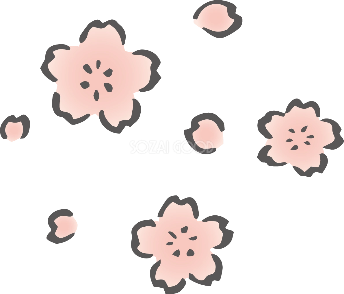 かわいい筆描き風の桜の花と花びらイラスト無料 フリー87100