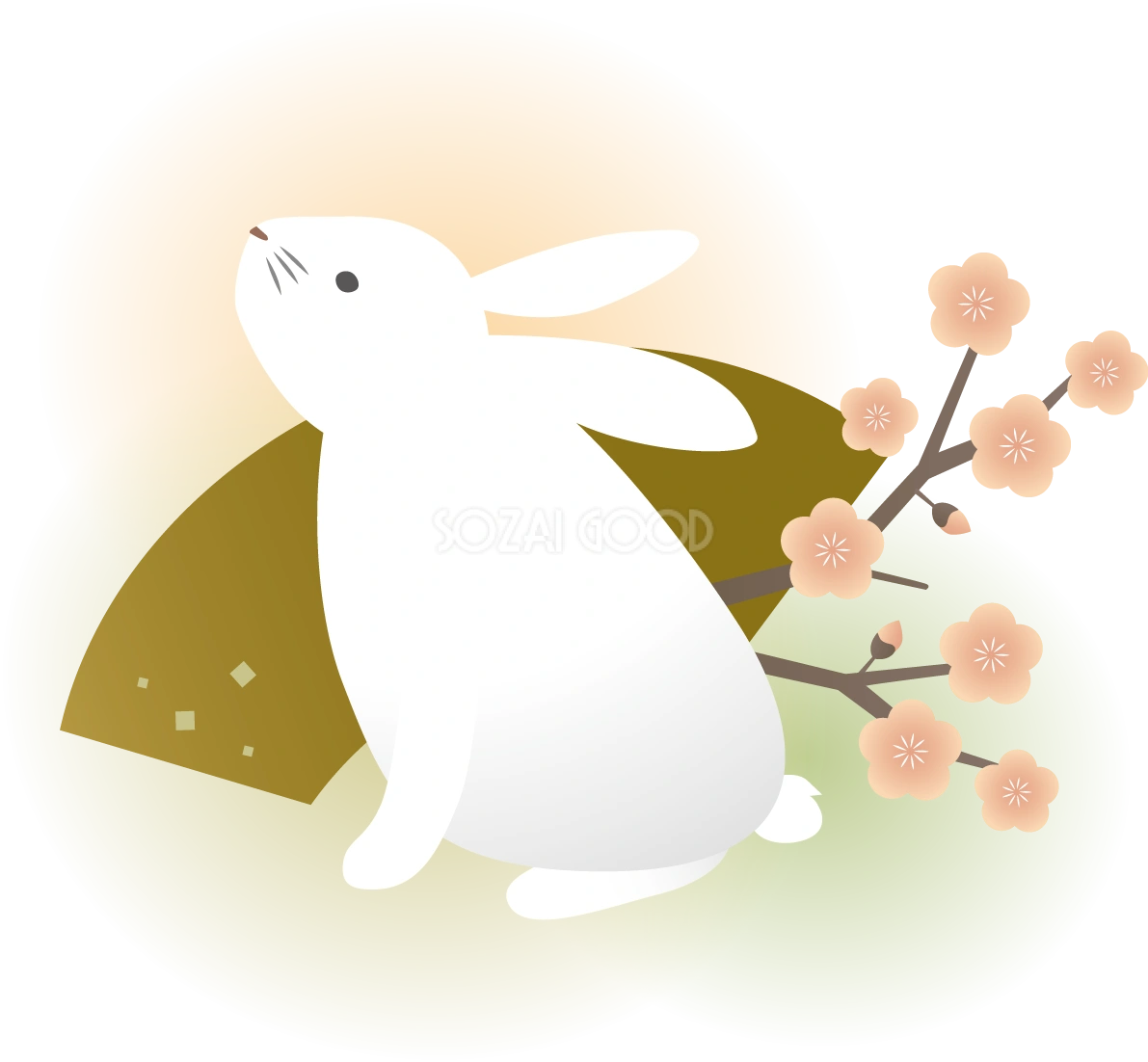 扇形と桜と上を見上げるかわいい うさぎ 和風ビジネス2023 卯年イラスト無料 フリー87114