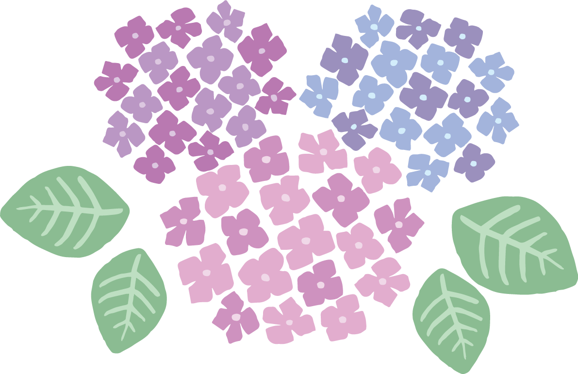かわいいパステルカラー(ピンク 紫 青)の3色の紫陽花(アジサイ)イラスト(梅雨)無料 フリー87178に写真・文字を入れる