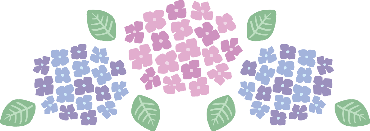 かわいいパステルカラー(ピンク 青)の横に並んだ3色の紫陽花(アジサイ)イラスト(梅雨)無料 フリー87179に写真・文字を入れる