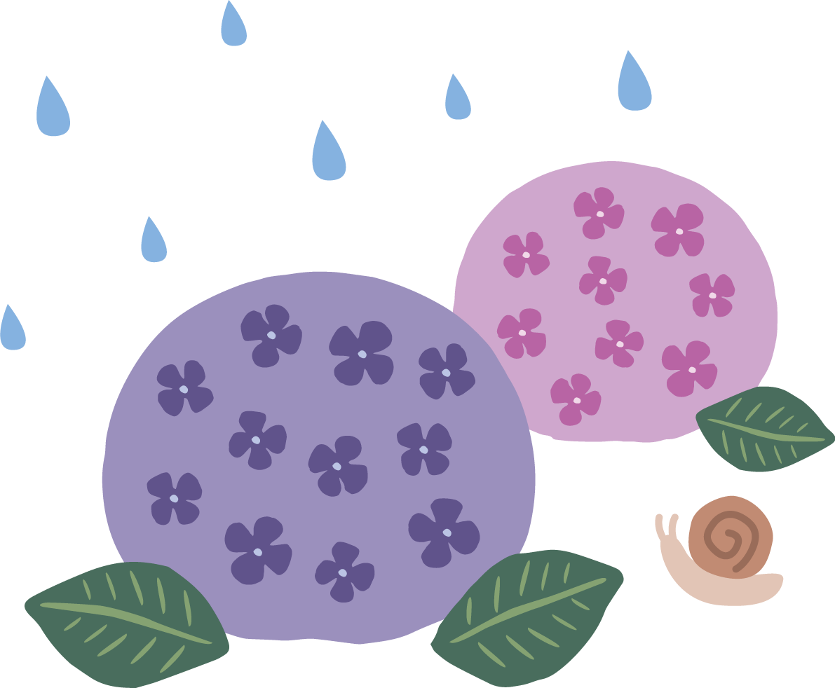 レトロなタッチの2色(ピンク 紫)の紫陽花(アジサイ)とかたつむりと雨 イラスト(梅雨)無料 フリー87190に写真・文字を入れる