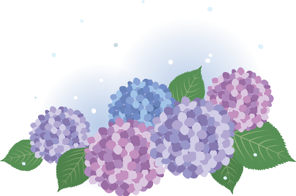 綺麗めなタッチのたくさん(紫 青)の紫陽花(アジサイ)と雨 イラスト(梅雨)無料 フリー87195に写真・文字を入れる