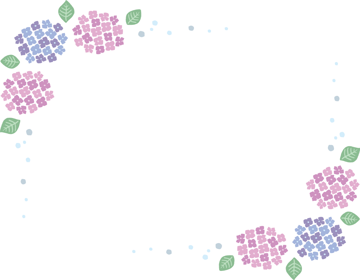 かわいいパステルカラー(ピンク 青)の紫陽花(アジサイ)と雨の角フレーム枠 イラスト(梅雨)無料 フリー87197に写真・文字を入れる
