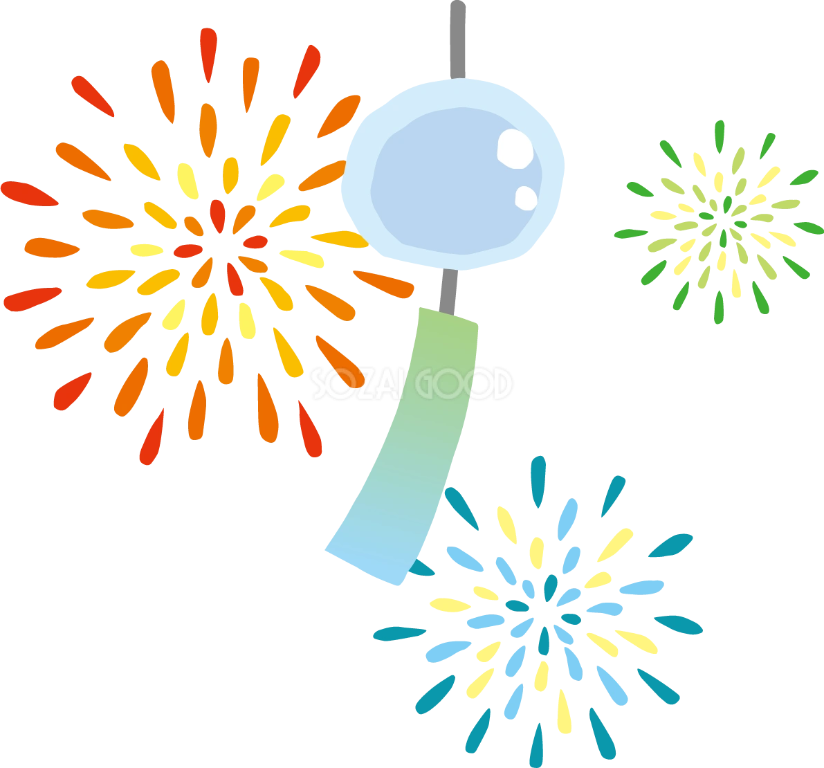 風鈴と打ち上げ赤などの花火 かわいい花火イラスト無料 フリー87228