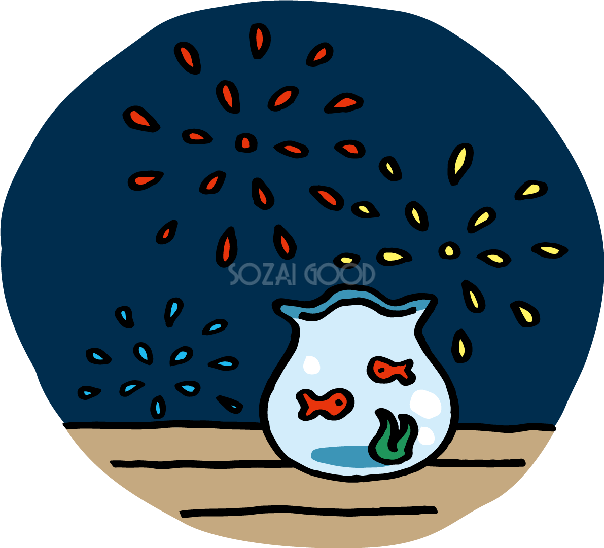 金魚鉢と打ち上げ花火 かわいい花火イラスト無料 フリー87238