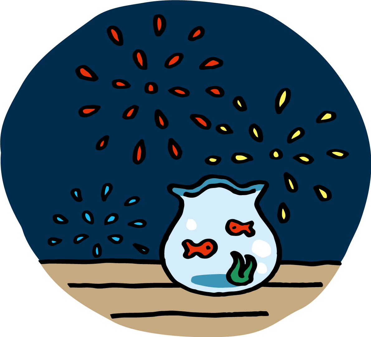 金魚鉢と打ち上げ花火 かわいい花火イラスト無料 フリー87238に写真・文字を入れる